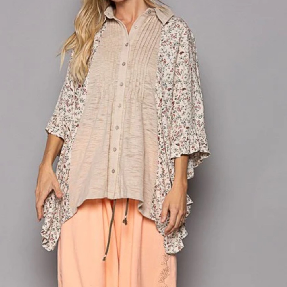 POL Top Pin tuck button down Boho New Boutique OVERSIZED Boutique